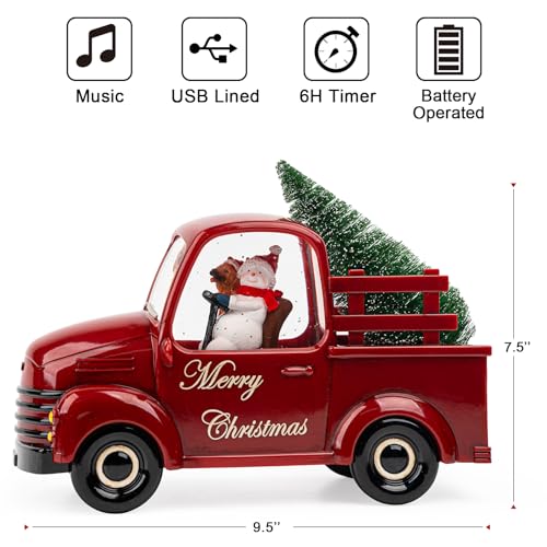 Christmas Snow Water Lantern Glittering Snowman and Pup in Red Truck with Christmas Tree