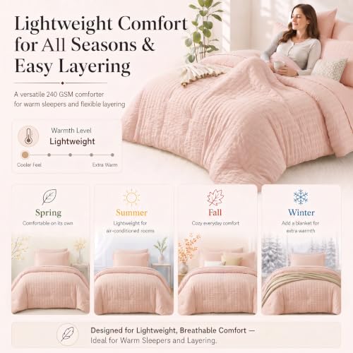 Full Size Comforter Set 7 Pieces Blush Pink Seersucker Bed in a Bag
