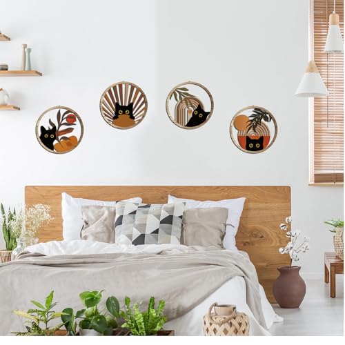 Boho Black Cat Wall Art Black Cat Room Decor Aesthetic (4 Count)