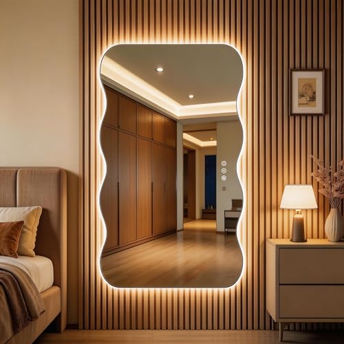 55"x30" Wavy Mirror with Lights Frameless Backlit LED Wall Mirror