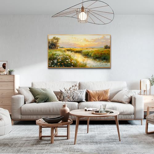 Wood Framed Canvas Wall Art For Living Room Wall Decor For Bedroom Office Wall Decoration Pastoral Scenery Painting Water edge Pictures Artwork Room Aesthetic Home Decor 20x40 In