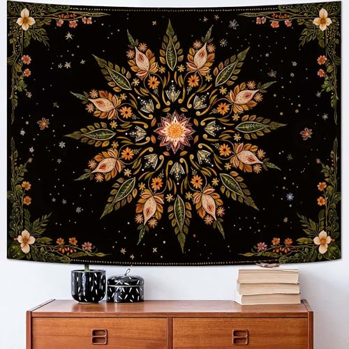 Boho Floral Mandala Tapestry for Bedroom Aesthetic Vintage Bohemian Flower Wall Tapestry Black Green Hippie Indian Small Tapestries Wall Hanging for Living Room Dorm Decor 48 x 36 Inch