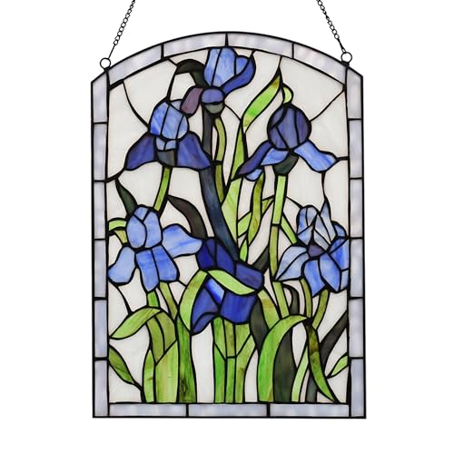 Iris Stained Glass Window Hanging 16" H x 11" W Tiffany Style Blue Rectangular Window Panel Suitable for Living Room Bedroom Kitchen Window Decoration Hangings with Chain