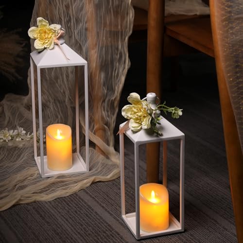 White Decorative Lantern Decor 17" 13" Set of 2 Wedding Lantern with Candle (2 Count)