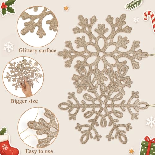 8pcs Large Champagne Gold Snowflakes Ornaments 12” Big Plastic Glitter Snowflake for Winter Indoor Outdoor Christmas Tree Window Room Decorations Giant Craft Snowflakes (6 Count)