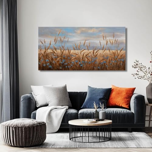 Flowers Wall Art Gold Cornfield Artwork Blue Sky Landscape Wall Decor Vintage Posters for Room Decor 24"x48" Wall Prints for Office Home Bedroom