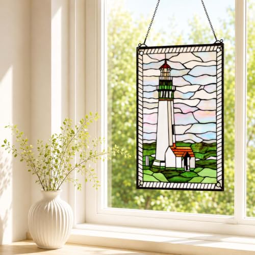 W10005 Pigeon Point Lighthouse Tiffany Style Stained Glass Window Panel with Hanging Chain