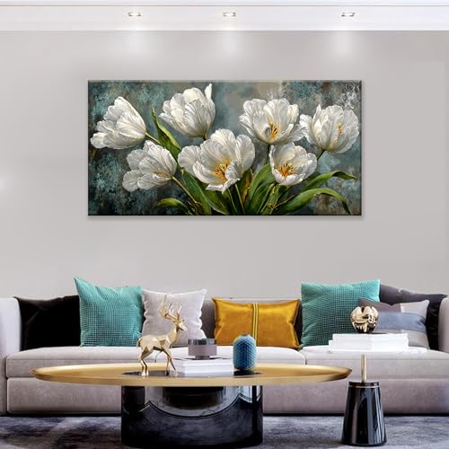Large Canvas Wall Art Decor White Tulip Flower Canvas Art Wall Decor For Living Room Modern Floral Botanical Wall Art Prints Elegant Nature Flower Wall Art For Bedroom Home Office Wall Decor 24"×48"