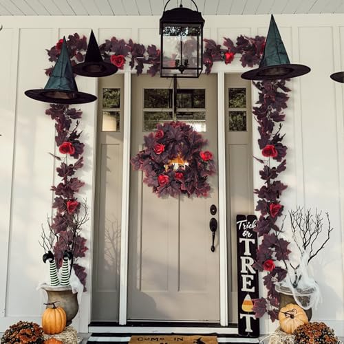 Fall Leaves Garland Hanging Maple Leaf Vines Fake Burgundy Rose (11.4 Foot)