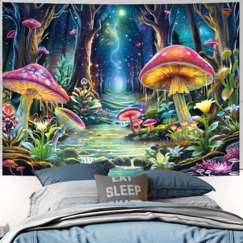 Blacklight Mushroom Tapestry Fantasy Forest Tree Tapestries UV Reactive Floral Plant Tapestries Neon Glow in The Dark Tapestry Wall Hanging for Bedroom Aesthetic Decor