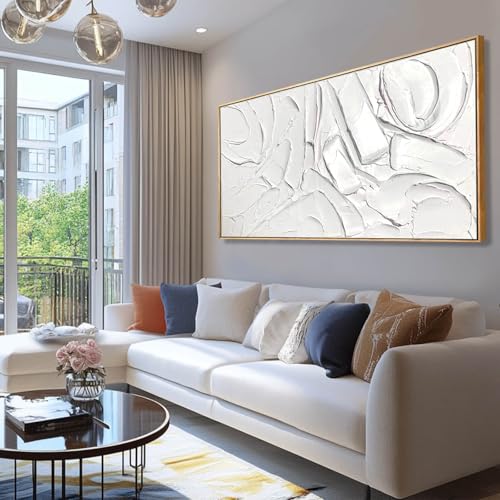 White Artwork for Walls Contemporary Abstract Art Hand Painted 29"x58" Line Art Wall Decor Large Wall Art for Living Room Bedroom Hotel