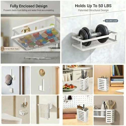 5-in-1 Shower Caddy & Kitchen Organizer Set, Wall Mount Wide Spice Rack with Paper Towel Holder, Utensil Holder, Soap Dish, Rustproof Mesh Baskets Hold 50LBS - White, Guardrail