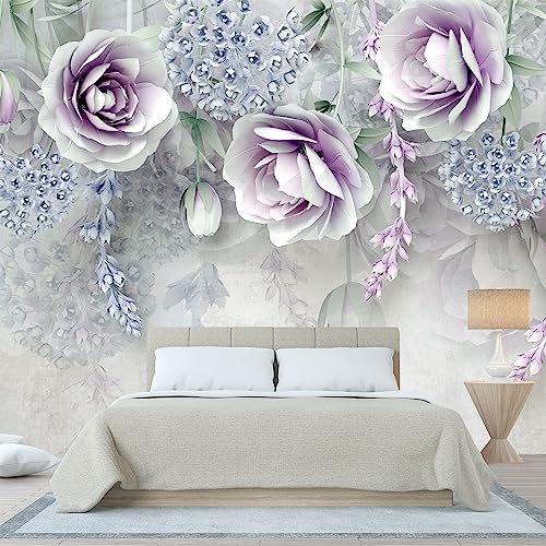 3D Floral Wallpaper Purple and Blue Roses Wall Mural for Bedroom (51.52 Sq Ft)