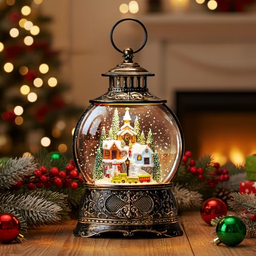 Christmas Snow Globe Water Lantern with Mountain Village and Train Scene Battery Operated or USB Powered Musical Lighted Holiday Decoration for Tabletop Display for Family and Friend