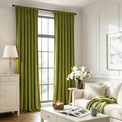 Moss Green Blackout Velvet Curtains Drapes 96 Inch Long 52"x96" (2 Count)