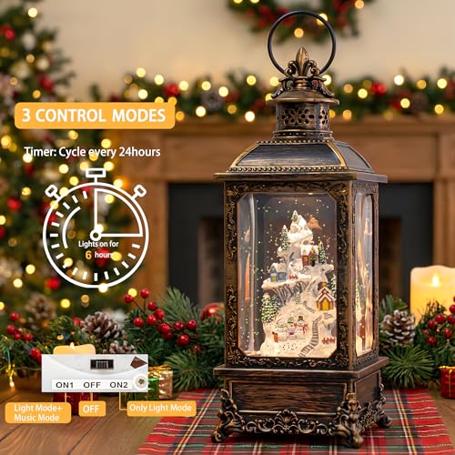 Christmas Village Buildings Snow Globe Lantern Water Glittering Snowman Family with Music & Timer