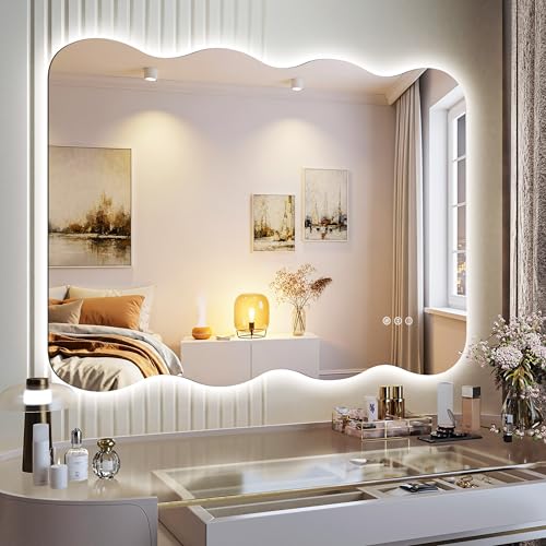 40"x32" Wavy Mirror with Lights Frameless Backlit LED Wall Mirror
