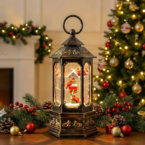 Christmas Snow Globe Lantern Water Glittering 11.6'' Cardinal & Birdhouse with Music & Timer