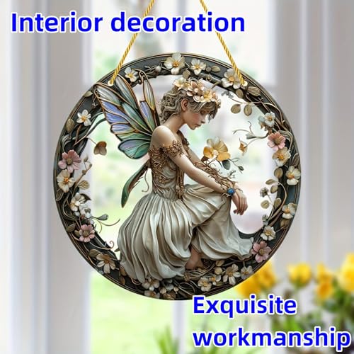 Flower Fairy Garden Decorations Angel Wing Christmas Halloween Deco Statue Art Elf Sculpture Hanging Craft for Outdoor Yard Courtyard Lawn Patio Window Acrylic Ornament Home Gift
