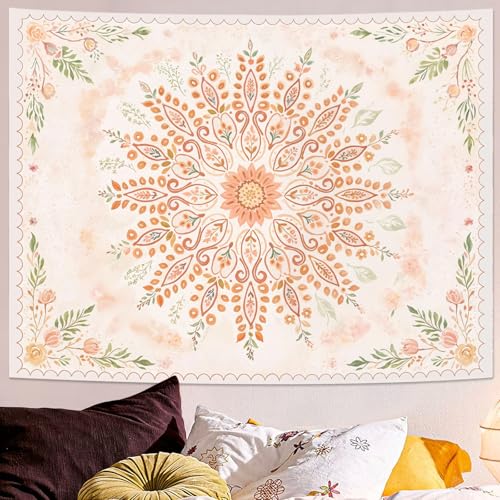 Floral Mandala Tapestry Boho Tapestry for Bedroom Peach Tapestries Wall Hanging Living Room Wall Art and Home Decor 44x60