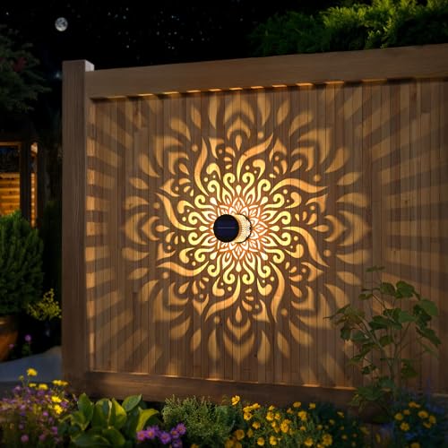 4 Pack Large Solar Fence Lights Metal Solar Powered Outdoor Wall Deck Step Lights Mandala Theme Waterproof Fence Light for Garden Post Patio Backyard Yard Decor (4 Count)