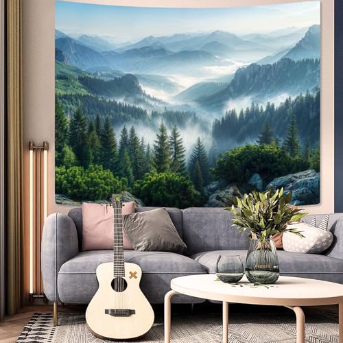 Nature Forest Mountain Tapestry Green Misty Pine Tree Tapestry for Bedroom Aesthetic Foggy Woodlands Sky Landscape Tapestries Wall Hanging for Living Room Dorm 60 x 44 Inch