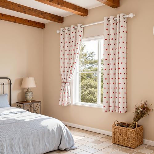Blackout Curtains for Girls Bedroom 63 Inch Long Red Pom Pom Curtains for Kids Room 2 Panels 100% Room Darkening Window Treatment 2 Layered Drapes Toddler Grommet 50W x 63L