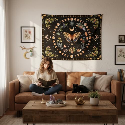 Yellow Butterfly Moon Flower Tapestry Botanical Floral Plant Boho Tapestry for Bedroom Aesthetic Vintage Tapestries Wall Hanging for Living Room Dorm
