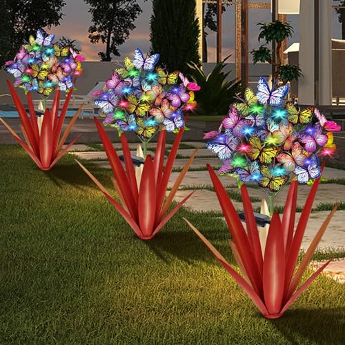 Solar Metal Agave Butterfly Flower Stick Garden Sculpture (3 Count)