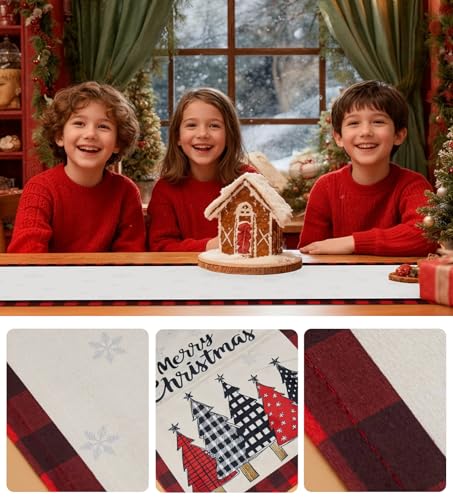 Christmas Table Runner Snowflakes Xmas Tree Decorations with Red Buffalo