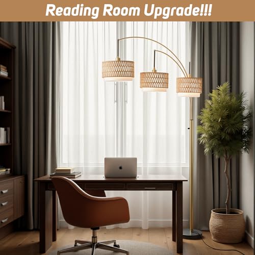 80'' Brushed Gold Rattan Arc Floor Lamp for Living Room