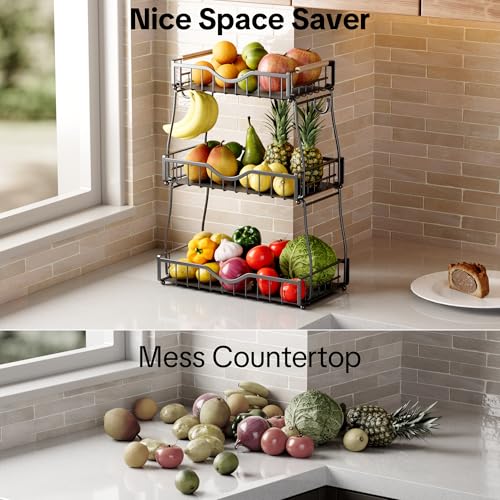 3 Tier Fruit Basket for Kitchen Countertop with 2 Banana Hangers