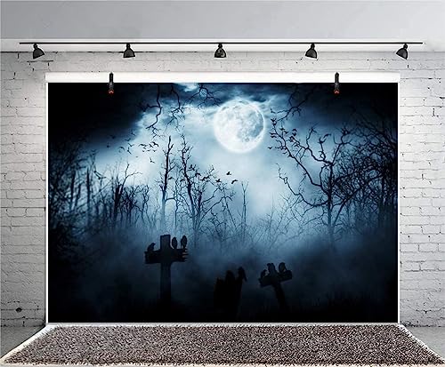12x8ft Spooky Halloween Graveyard Backdrop Foggy Full Moon Horror Scene