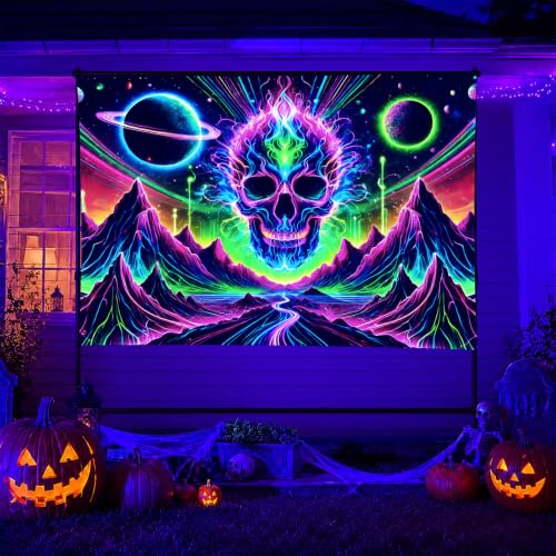 Blacklight Tapestry Skull Fantasy UV Wall Art 59 x 78 Inch