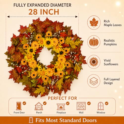 28 Inch Fall Wreath for Front Door Outside Large Artificial Autumn Wreath with Orange Sunflowers Maple Leaves Pumpkins Fall Decoration for Home Farmhouse Door Wreath for Harvest Thanksgiving