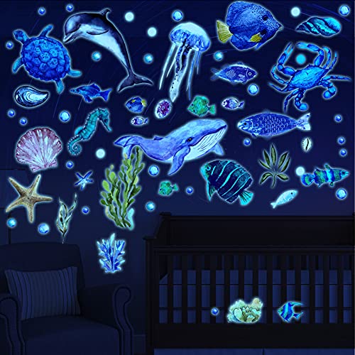 52 Pcs Ocean Fish Wall Decals Glow in The Dark Under The Sea Wall Decals Sea Life Animals Stickers Removable Waterproof Peel and Stick Decal for Girl Boy Kids Bedroom Nursery Bathroom (46 Count)
