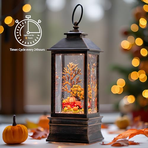 Fall Snow Globe Lantern Thanksgiving Glittering Lighted Lantern