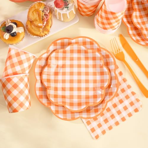 175 Pcs Orange Gingham Plates and Napkins Party Supplies (25 Count)