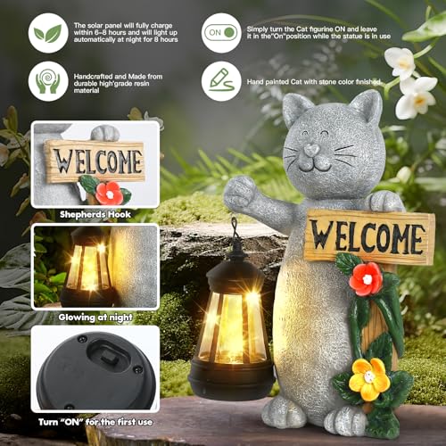 Garden Statue Solar Cat Figurine with Lantern