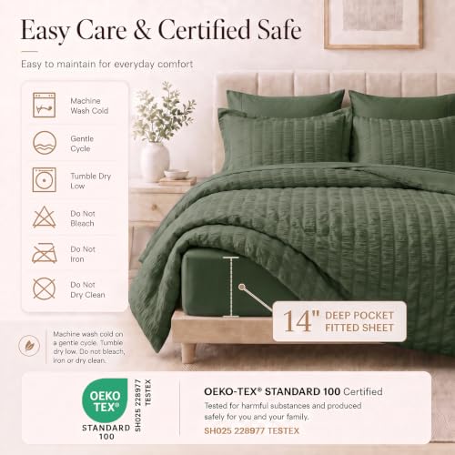 King Size Comforter Set 7 Pieces Dark Green Seersucker Bed in a Bag