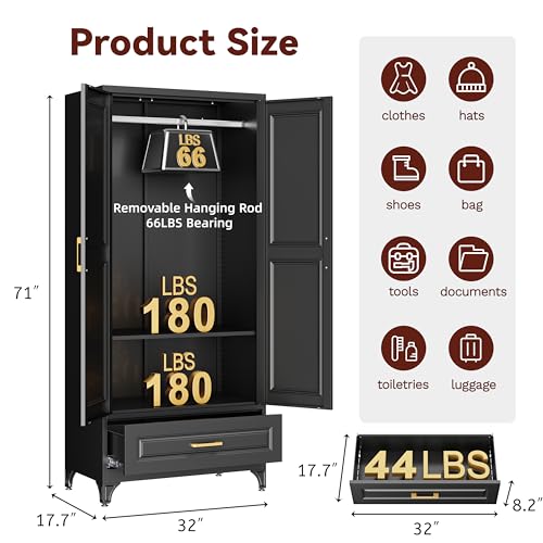 71" Tall Wardrobe Closet with Doors and Adjustable Shelves