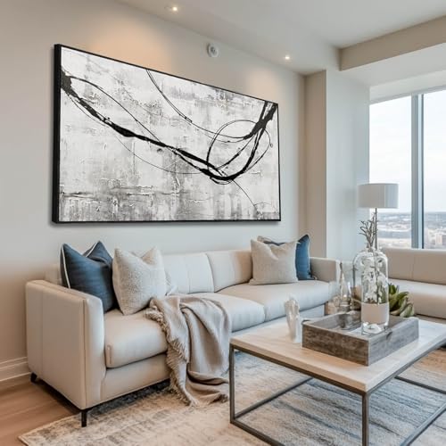 Abstract Framed Wall Art for Living Room White Pictures Canvas Black Arts Wall Decor Poster Prints Artwork for Hotel Gallery 24"x48"