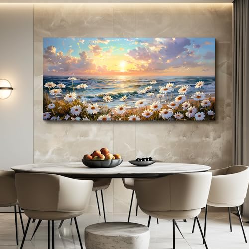 Large Canvas Wall Decor For Restaurant Wall Art For Living Room Bedroom Decor Beach With Waves Landscape Painting White Flowers Painting Artwork Office Bathroom Home Decoration 30x60 In