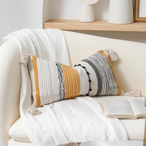 Decorative Lumbar Throw Pillow Cover 12x20 Boho Yellow Mustard Accent Cushion for Couch Sofa Farmhouse Pillowcase for Bedroom Living Room Home Décor Cover ONLY