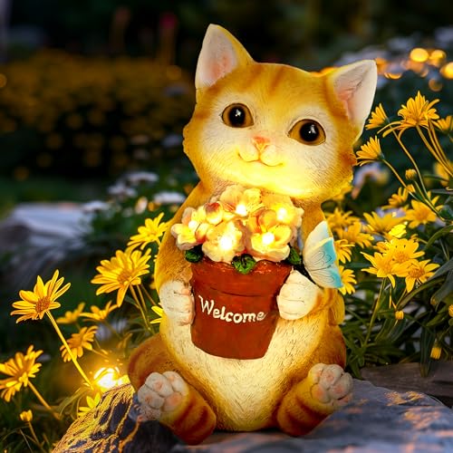 Solar Garden Decor Flower Pot Cat Statues Outdoor