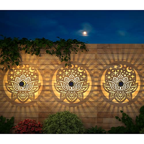 4 Pack Solar Fence Lights Metal Solar Powered Outdoor Wall Deck Lights Lotus Theme Waterproof Fence Light for Garden Post Patio Backyard Yard Decor (4 Count)