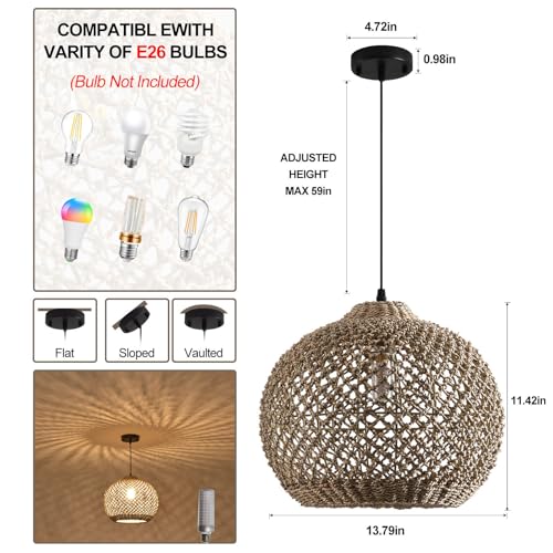 Rattan Pendant Light Fixture 13.79”Boho Wicker Lights