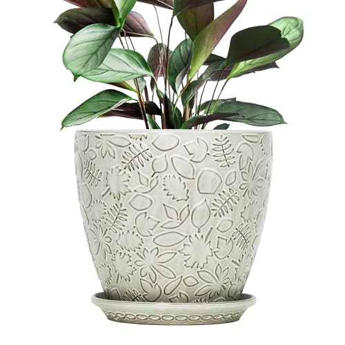 10inch Retro Ceramic Planter with Drainage Hole and Saucer for Multiple Plants