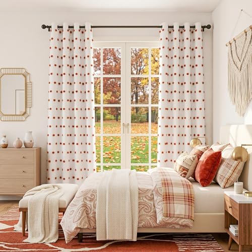 Blackout Boho Curtains for Bedroom 63 Inch Long Brick Red Pom Pom Curtains for Kids Room 100% Room Darkening Window Treatment 2 Layered Drapes Toddler Grommet 50W x 63L (2 Count)