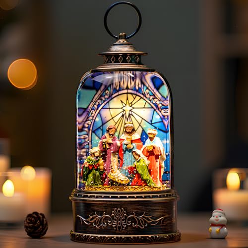 Christmas Snow Globe Swirling Glittering Nativity Scene with Music